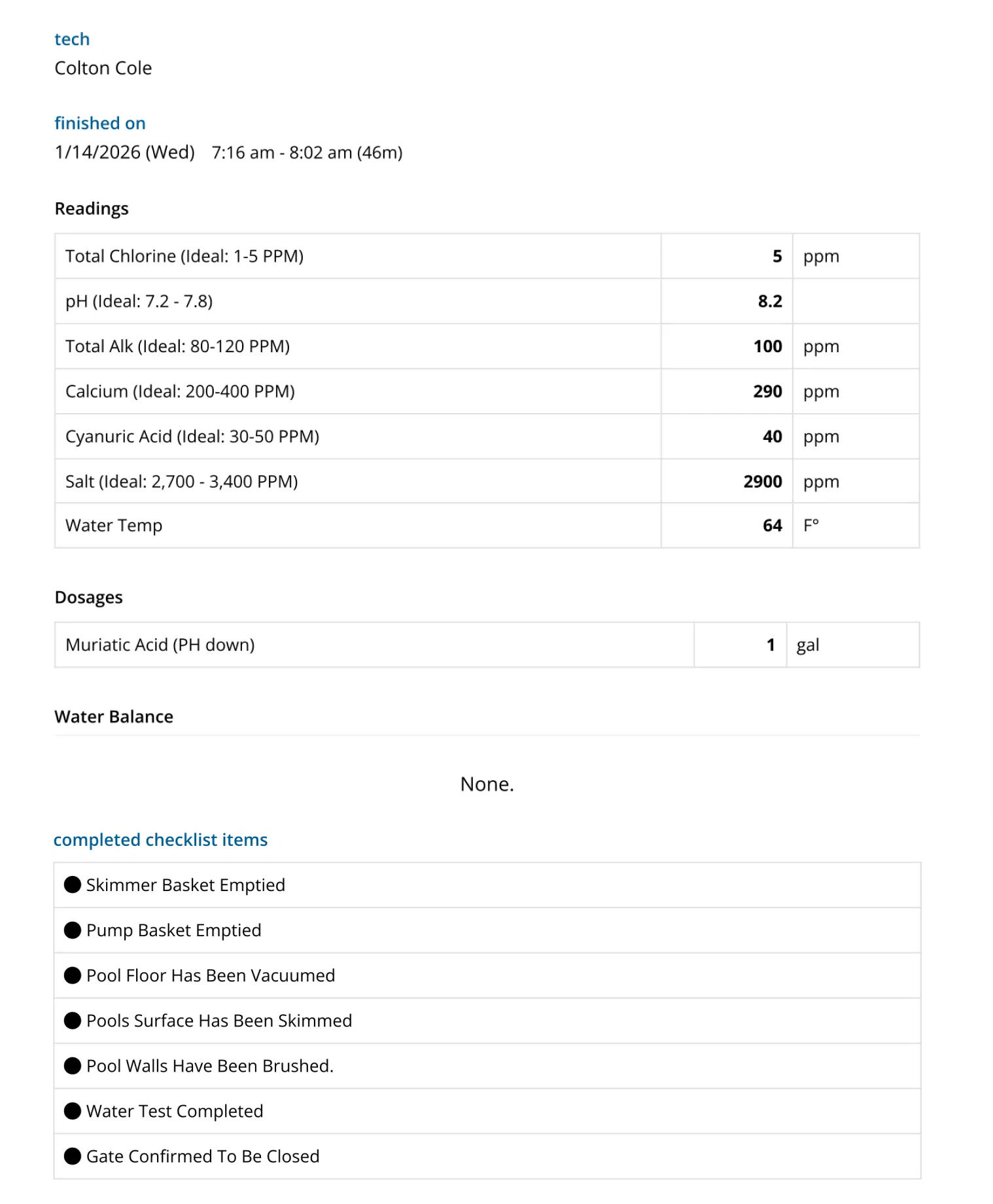 Digital pool service report on smartphone